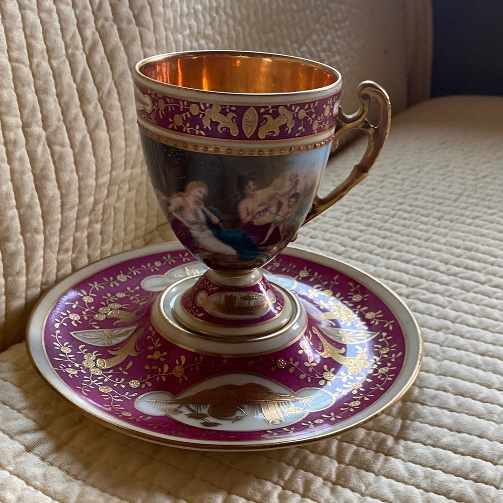 Antique Austrian Ambrosius Lamm Courting Couple Scene cup & saucer